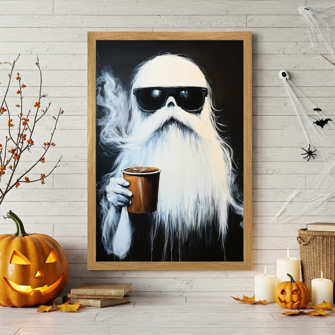 Framed Poster featuring a cool ghost with sunglasses, holding coffee. Black, white, and brown color palette. Perfect Halloween decor!