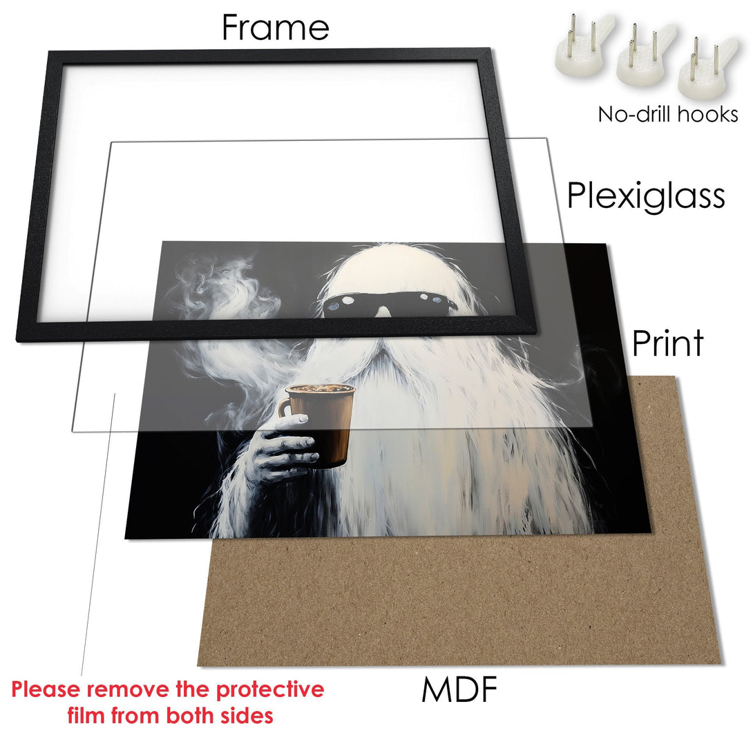 Framed Poster of a cool bearded man with coffee, grayscale art style. Modern wall art for home decor.