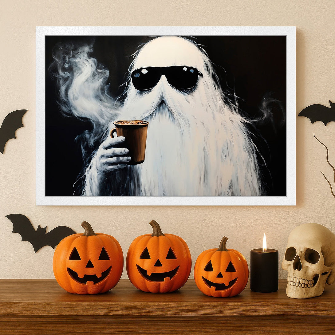 Framed Poster: Cool ghost with coffee, black & white art, Halloween decor. Add spooky style to your space!