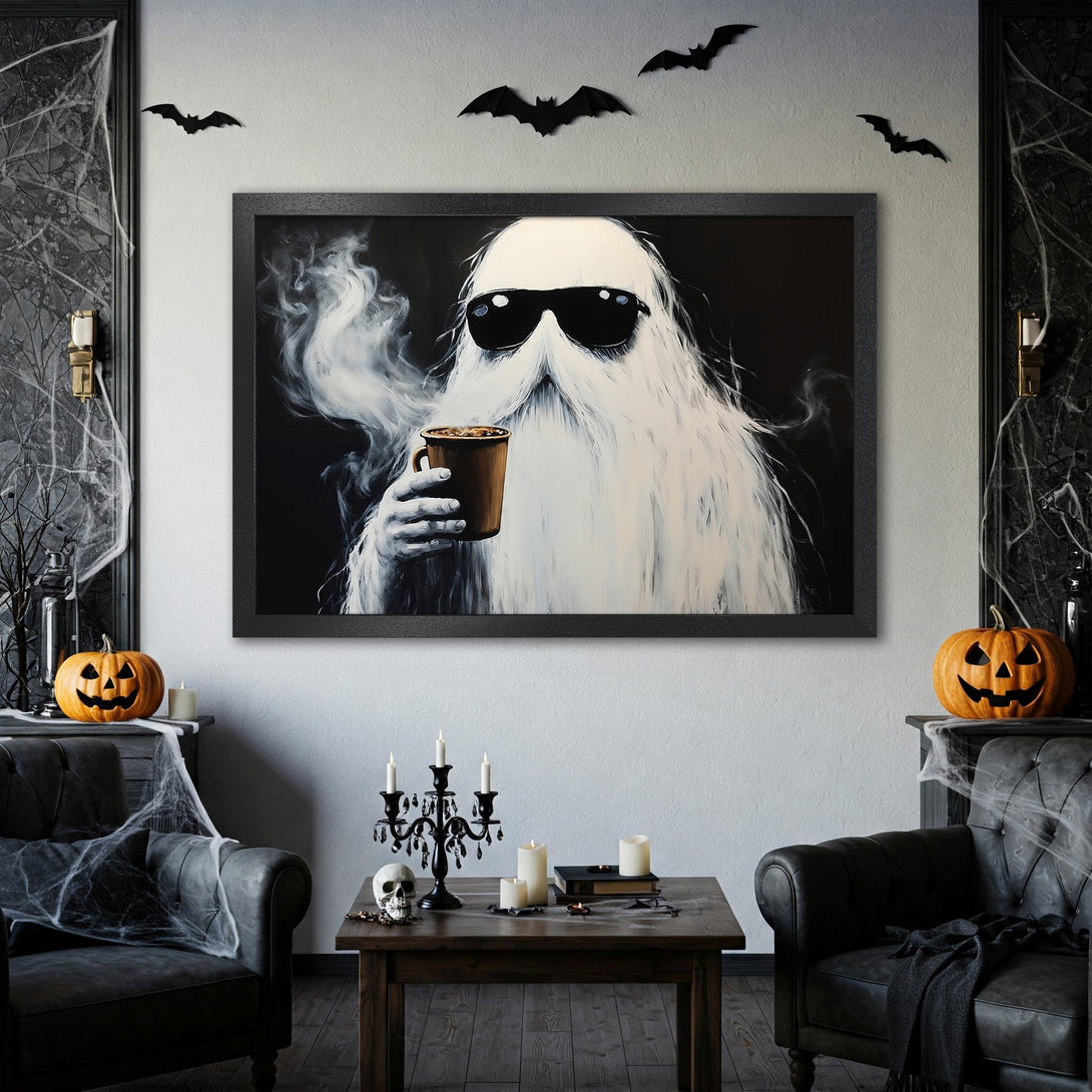 Framed Poster featuring a cool ghost enjoying coffee. Modern art style, black, white, and brown color palette. Perfect Halloween decor!