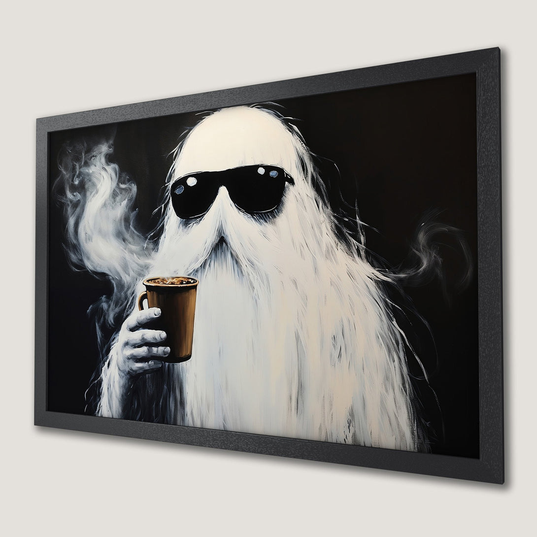 Framed Poster featuring a cool, white-haired character with sunglasses, enjoying coffee. Black and white art style with a touch of brown.