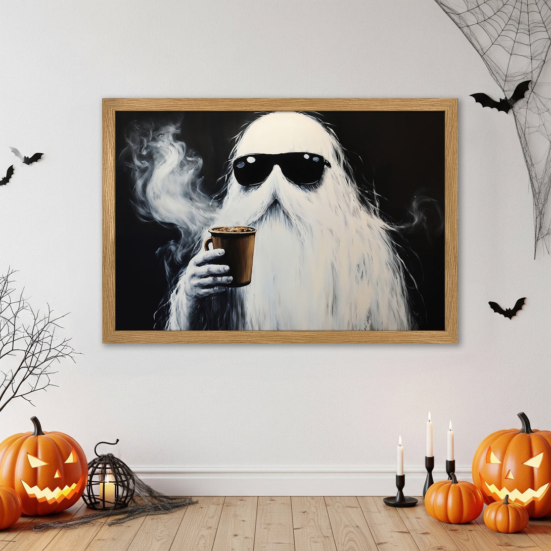 Framed Poster of a cool ghost enjoying coffee, in a black, white, and brown color palette. Perfect Halloween decor!
