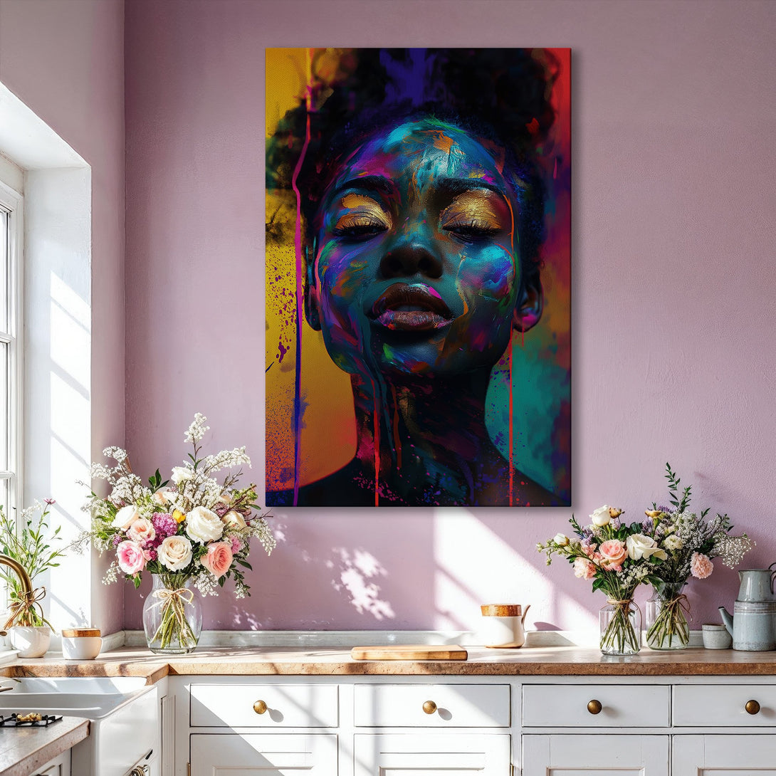 Framed Wall Art: Vibrant portrait of a woman with colorful paint strokes. Modern abstract style with a bold, multi-color palette. Perfect for any interior!