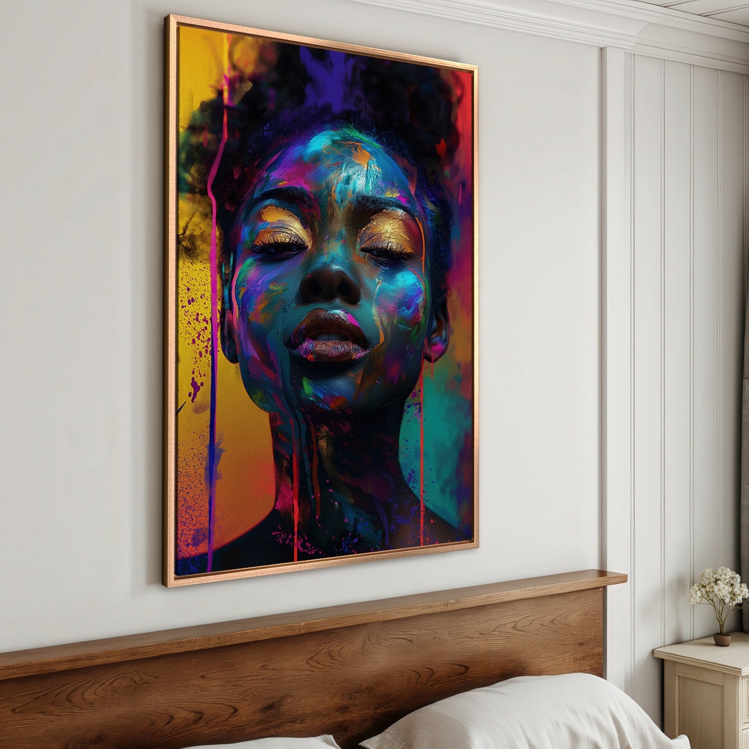 Framed Wall Art: Vibrant portrait of a woman in a colorful, abstract style. Bold blues, purples, and gold hues create a stunning piece for any space.