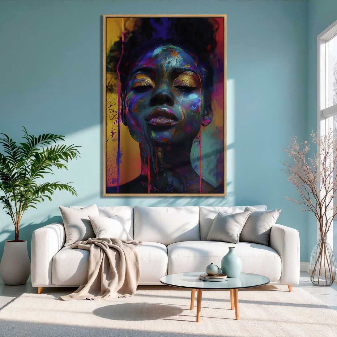 Framed Wall Art featuring a vibrant, colorful portrait of a woman. Modern art with a bold, expressive style. The color palette includes blues, yellows, and purples.