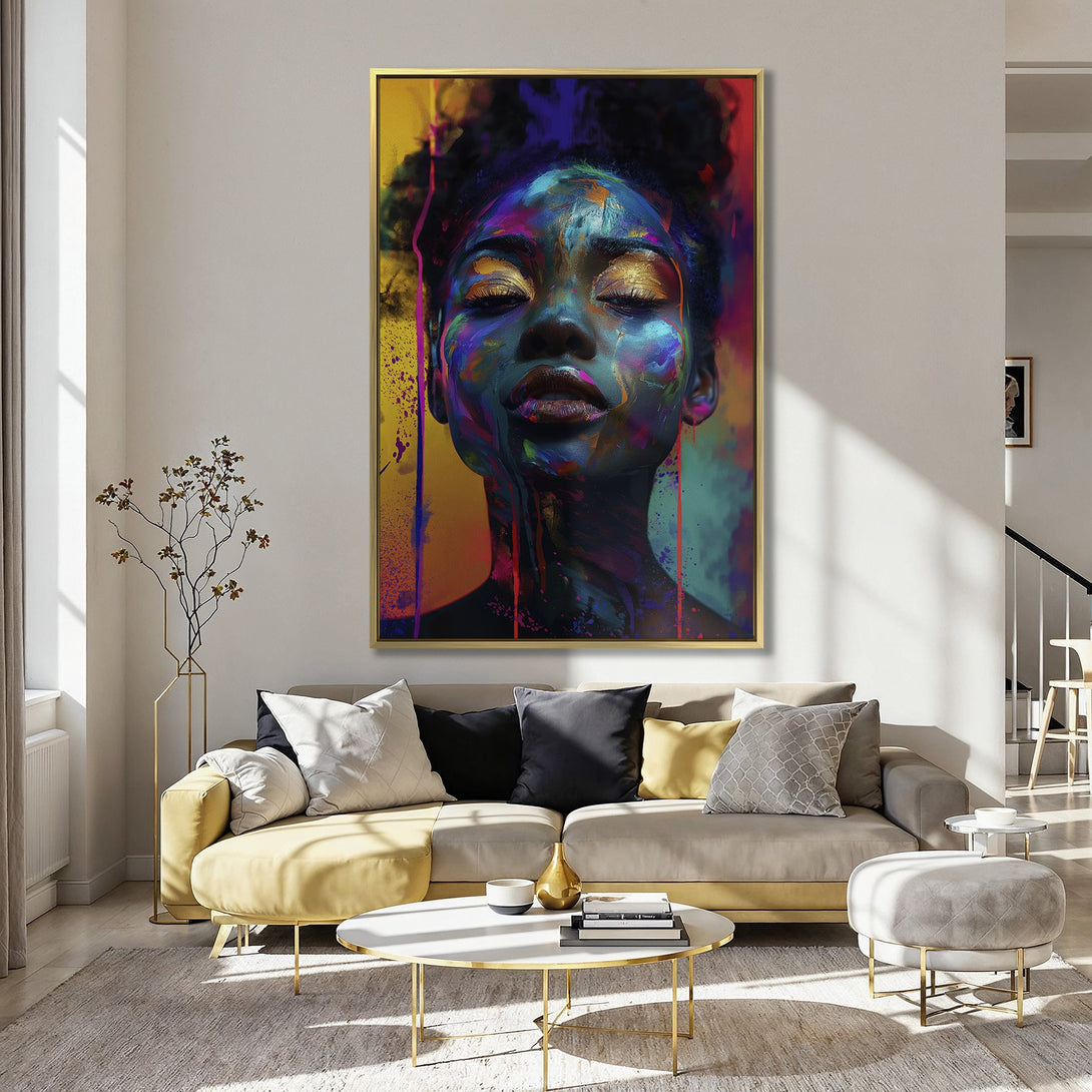 Canvas Print of a vibrant abstract portrait with a colorful, expressive style. Features a woman with a striking blue, gold, and purple color palette.