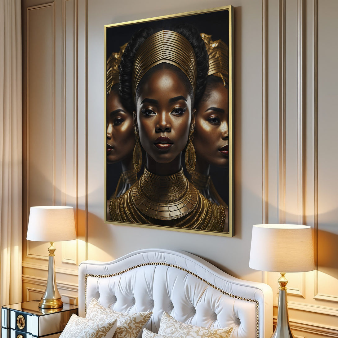 Canvas Print featuring a regal African woman in gold jewelry. Modern art with a rich, warm color palette. Perfect wall decor.