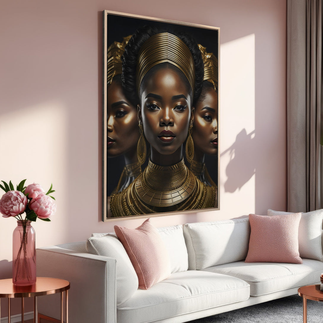 Framed Wall Art of a regal Black woman in gold, displayed in a modern living room with a blush and gold color palette. Elevate your space!