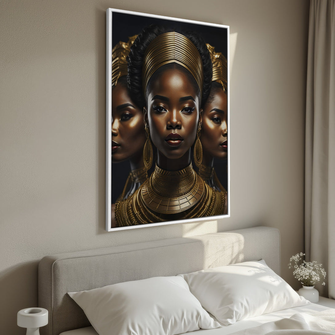 Framed Wall Art featuring a regal Black woman in gold jewelry. Elegant portrait art with a warm, neutral color palette, perfect for bedroom decor.