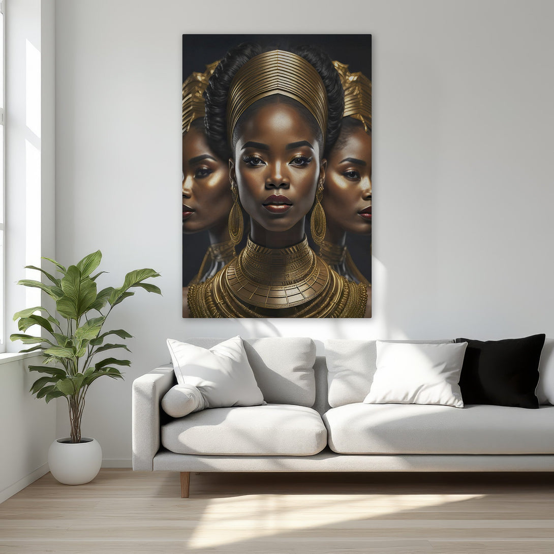 Framed Wall Art featuring an elegant Black woman portrait in gold tones. A stunning, regal Canvas Print perfect for adding luxury to any space.