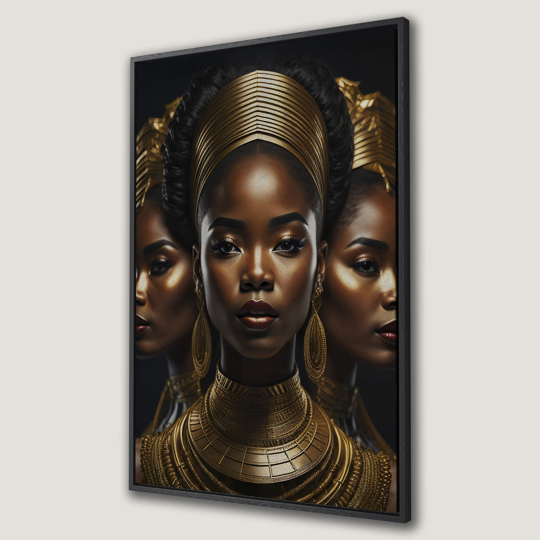 Framed Wall Art featuring a regal Black woman with gold jewelry, dark hair, and a rich gold and black color palette. Perfect for adding elegance to your space.