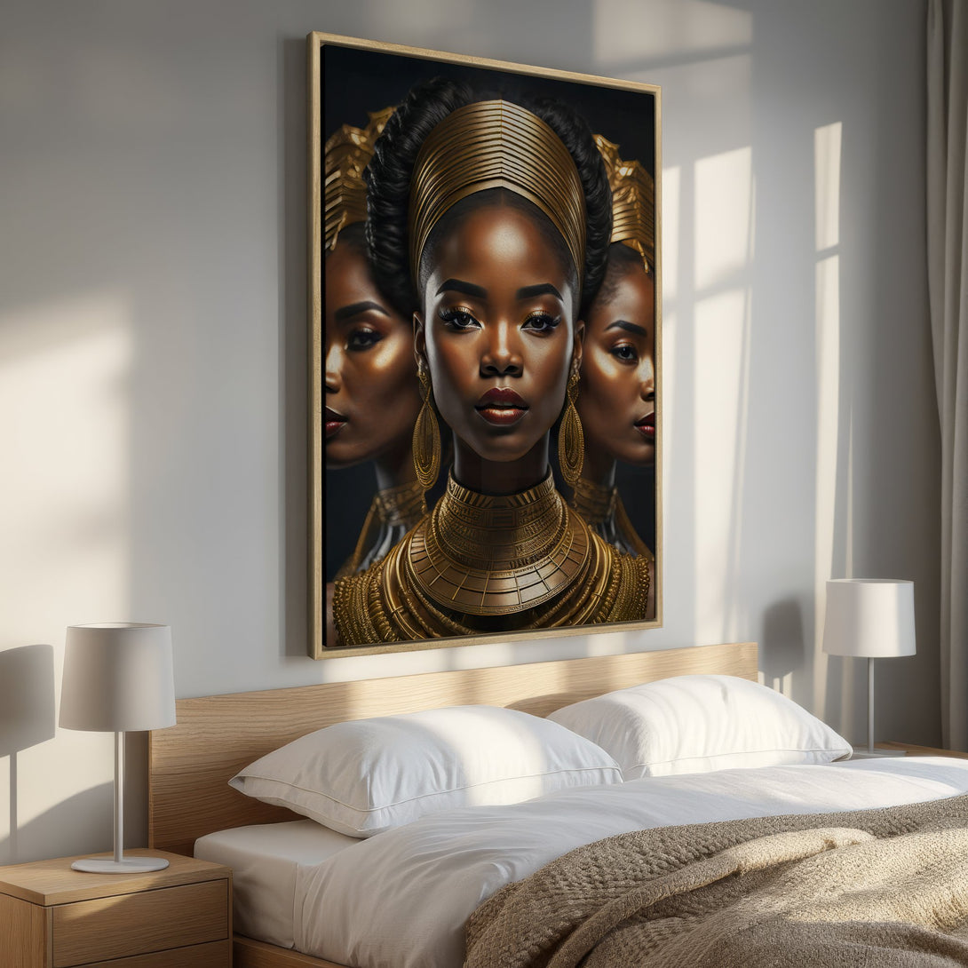 Framed Wall Art featuring a regal woman in gold jewelry. Dramatic portrait with a warm, earthy color palette, perfect for bedroom decor.