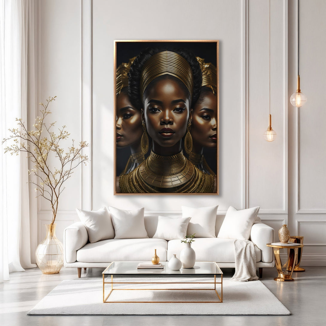 Framed Wall Art featuring a regal woman in gold, displayed in a modern, white and gold interior. Luxurious decor with a striking color palette.