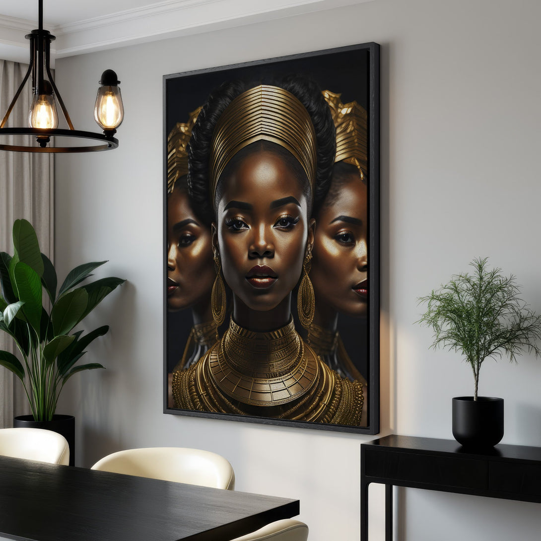 Framed Wall Art featuring a regal Black woman portrait with gold accents. Modern, elegant style with a rich, warm color palette. Perfect for home decor.