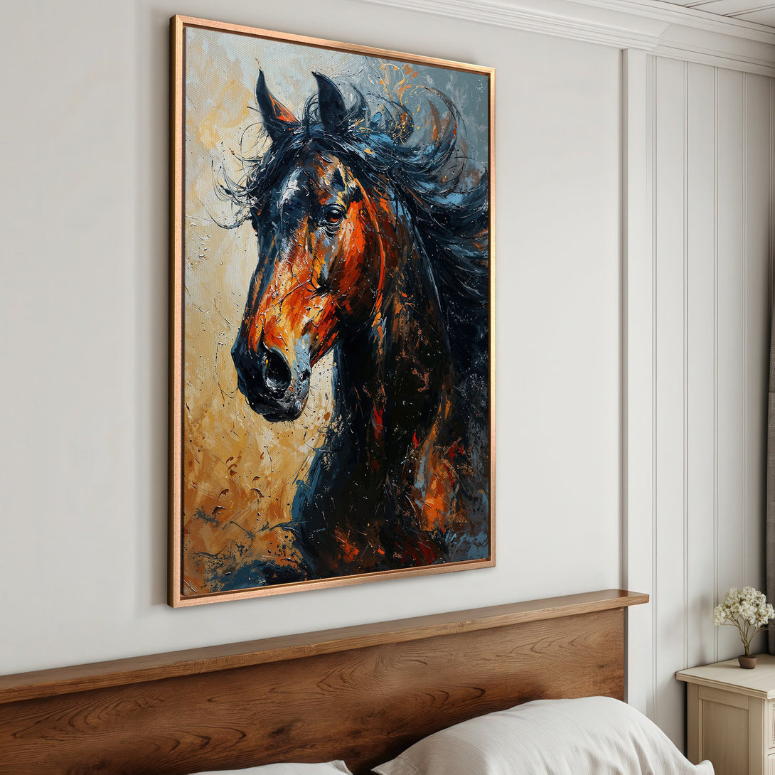 Framed Wall Art: Stunning horse portrait canvas print. Bold, expressive style with warm orange, brown, and blue hues. Perfect for adding a touch of elegance to any room.