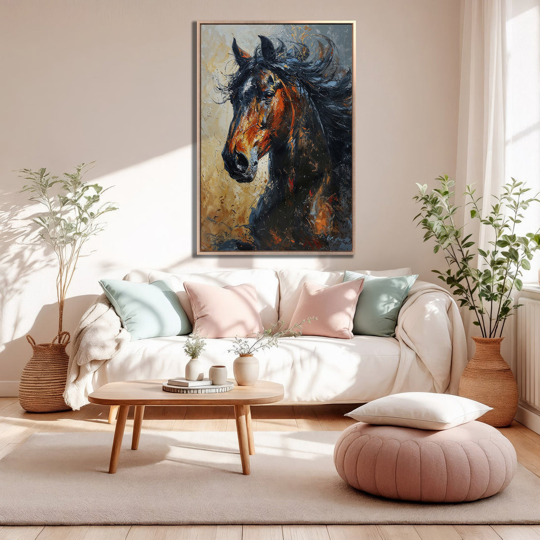 Framed Wall Art: Abstract horse painting in warm tones. Adds a touch of elegance to any living room. Earthy color palette complements modern decor.