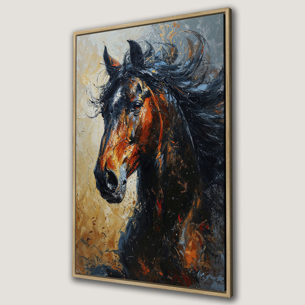 Framed Wall Art: Stunning oil painting of a horse head in warm tones. Modern, expressive art with a black, orange, and gray color palette. Perfect for home decor.
