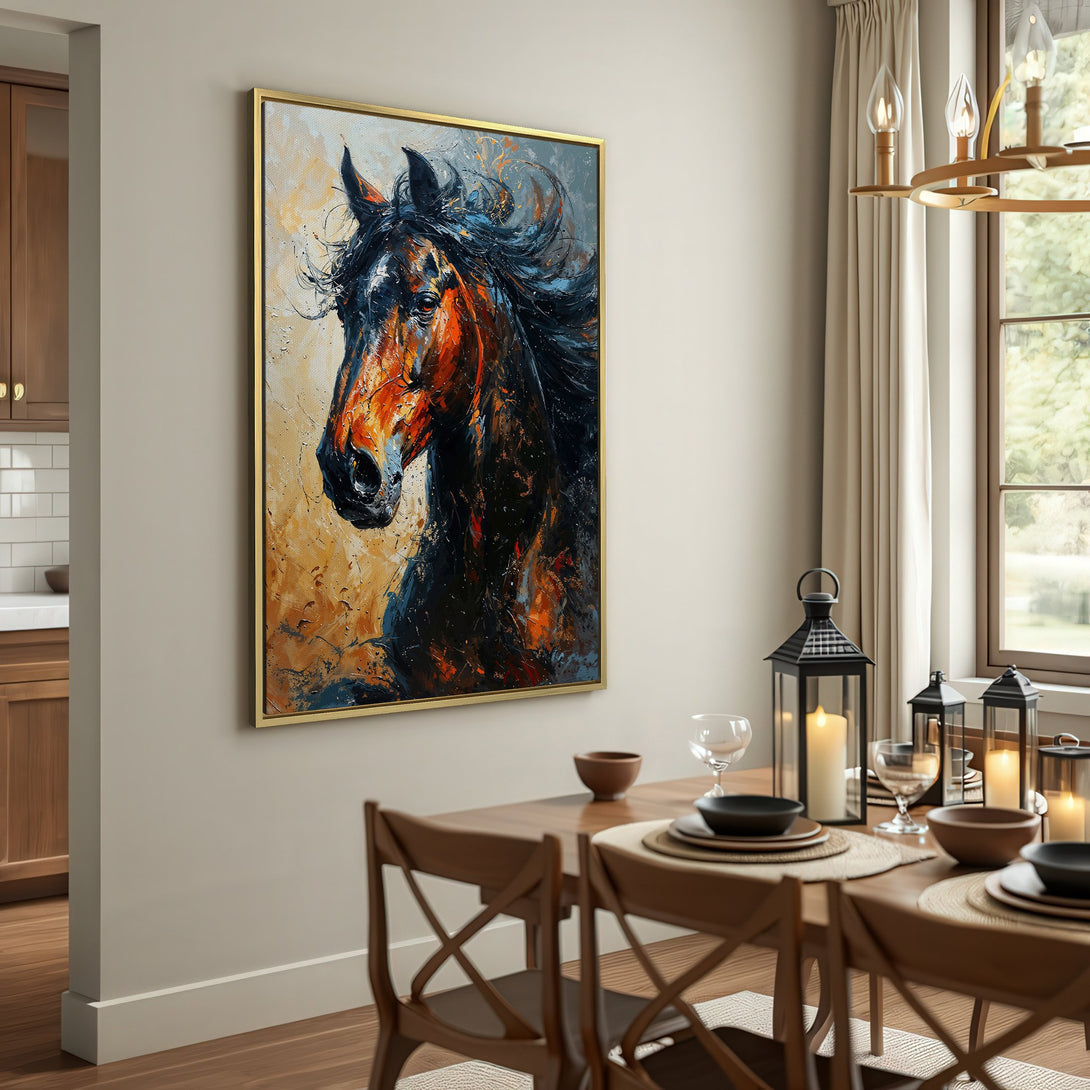 Canvas Print of a powerful horse in abstract style with a warm, earthy color palette. Perfect wall art for any interior.