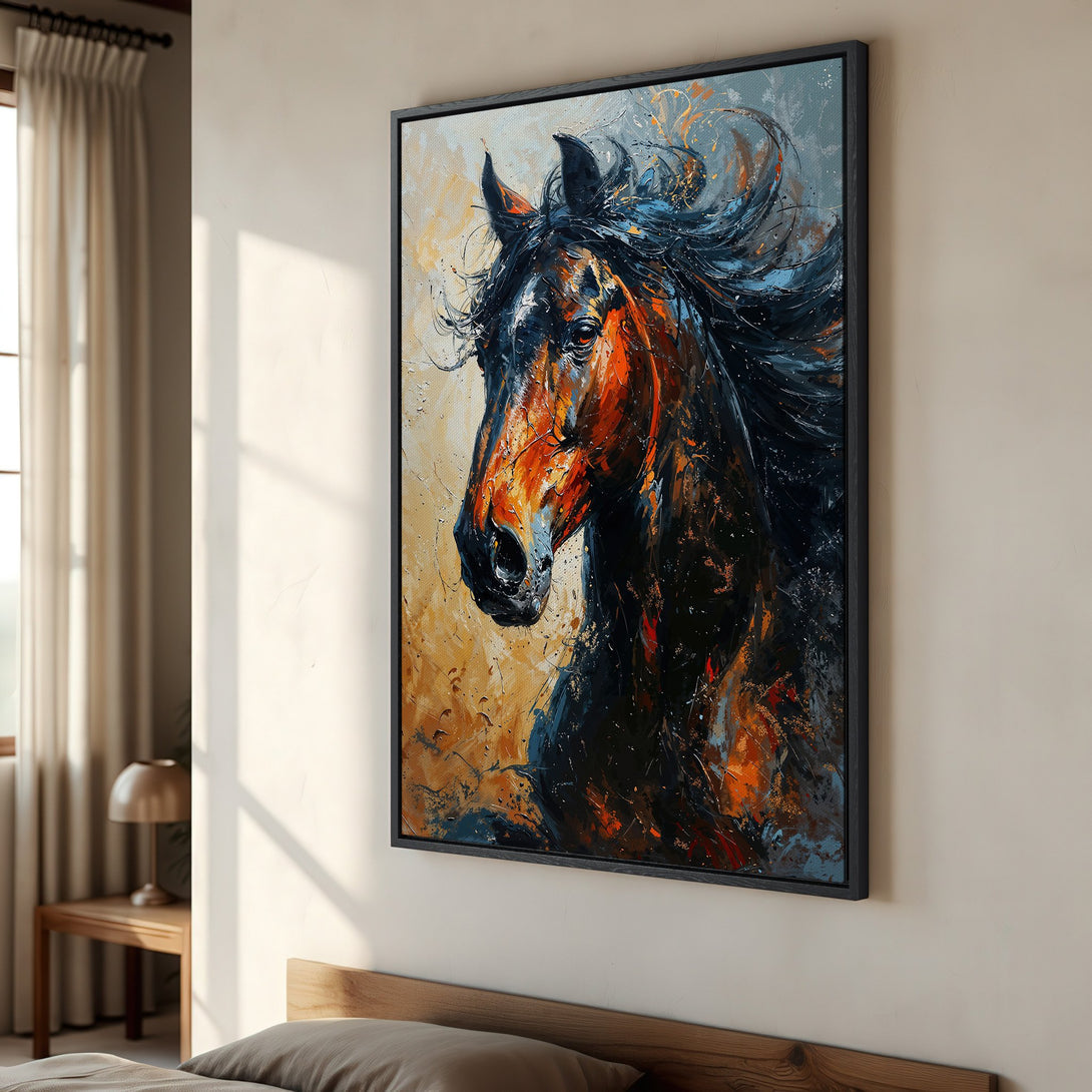 Framed Wall Art: Stunning abstract horse portrait in warm orange, black, and blue tones. Elevate your space with this expressive canvas print.