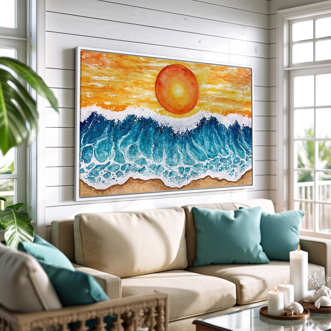 Framed Wall Art of a watercolor sunset over ocean waves. Coastal style Canvas Print in warm orange, blue, and beige tones, perfect for beach home decor.