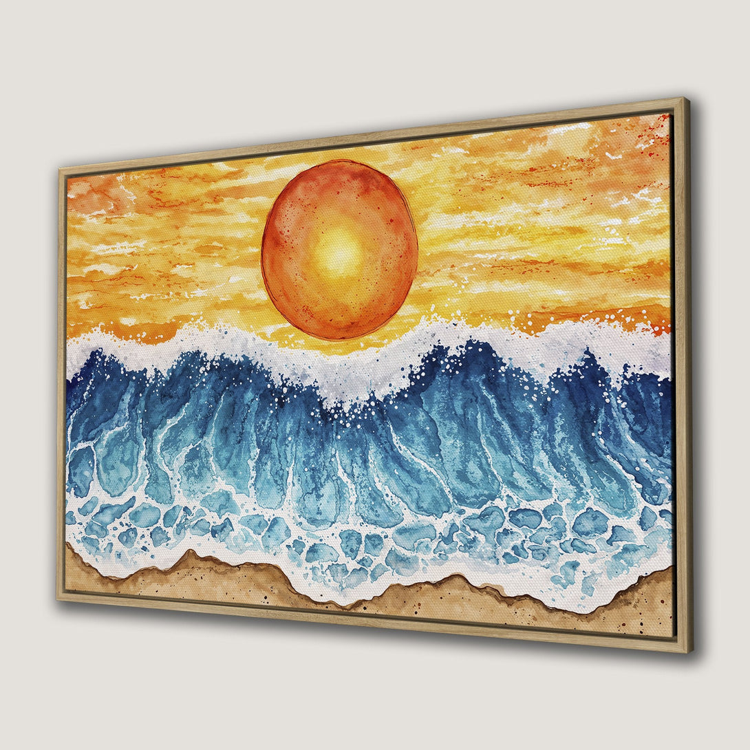 Canvas Print of a watercolor seascape. Blue ocean waves crashing under a warm sunset. Coastal wall art with a vibrant color palette.