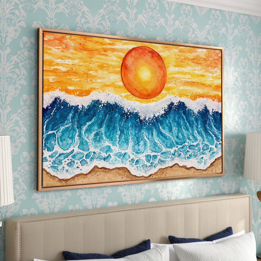 Framed Wall Art: Watercolor sunset over ocean waves. Coastal style with warm orange, blue, and sandy tones. Perfect for adding a serene touch to your home.