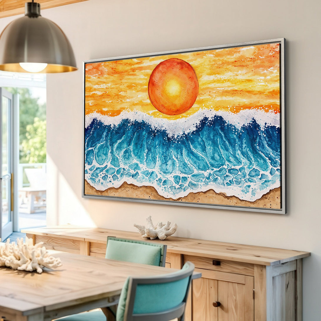 Framed Wall Art: Watercolor sunset over ocean waves. Coastal art with vibrant blues, oranges, and yellows. Perfect for beach house decor.