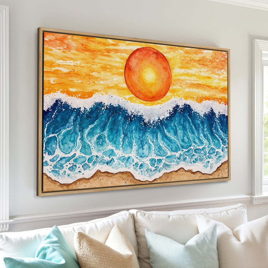 Framed Wall Art: Watercolor sunset over ocean waves. Warm orange, yellow, and blue hues. Coastal art for a relaxing home decor vibe.