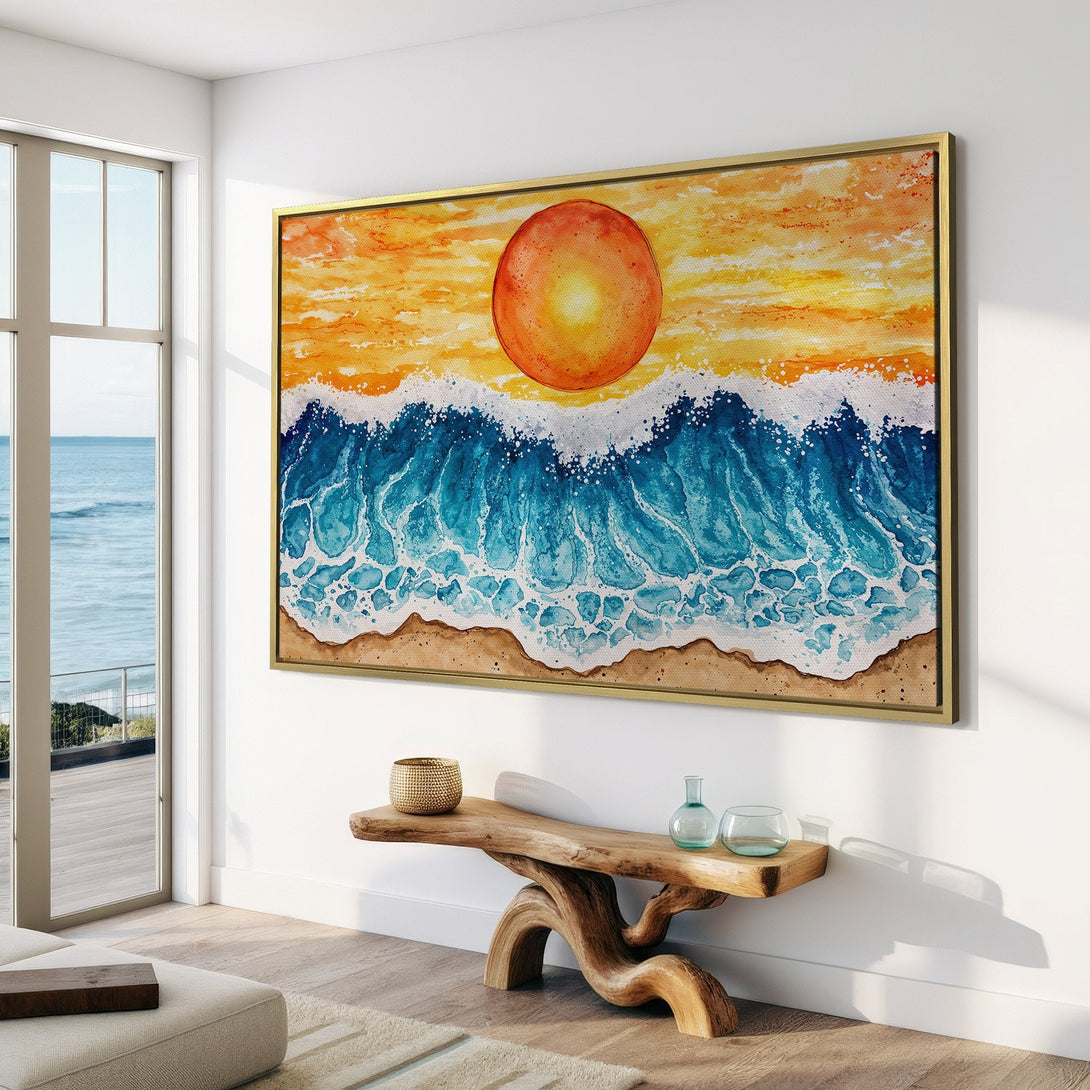 Canvas Print of a vibrant ocean sunset. Watercolor style with blue, orange, and yellow hues. Perfect coastal wall art for a relaxing home.
