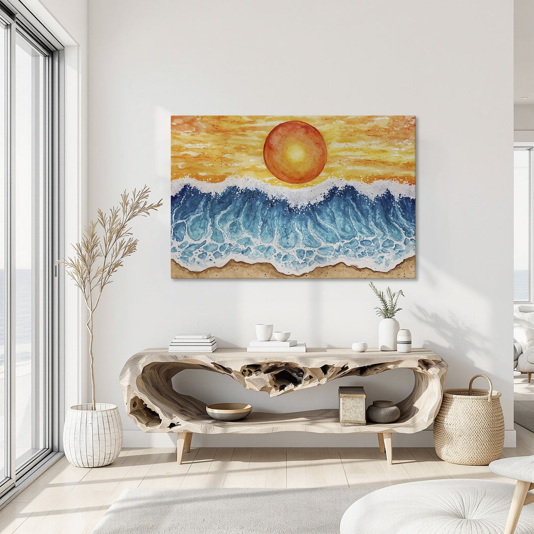 Framed Wall Art Canvas Print of a vibrant ocean sunset. Watercolor style with warm orange, yellow, and cool blue hues. Perfect coastal decor.