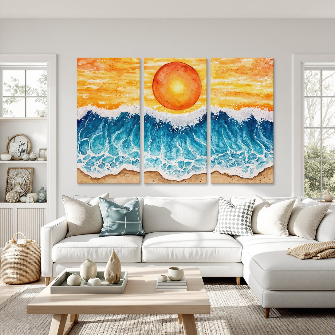 Watercolor Canvas Print of ocean waves and sunset, vibrant blues, oranges, and yellows, perfect coastal decor.
