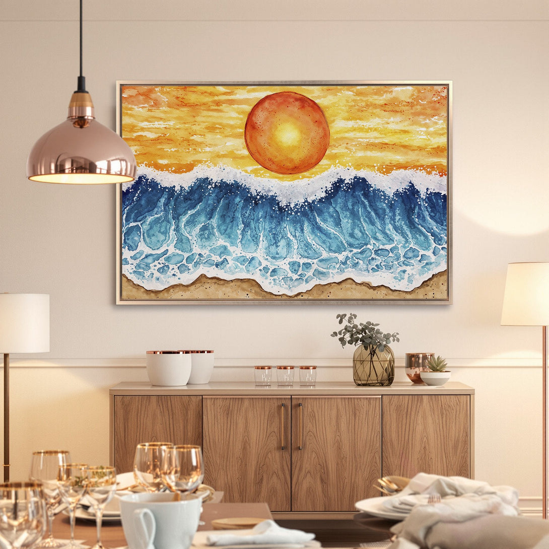 Framed Wall Art: Watercolor sunset over ocean waves. Coastal art in blue, orange, and yellow. Perfect for beach house decor or adding a pop of color.