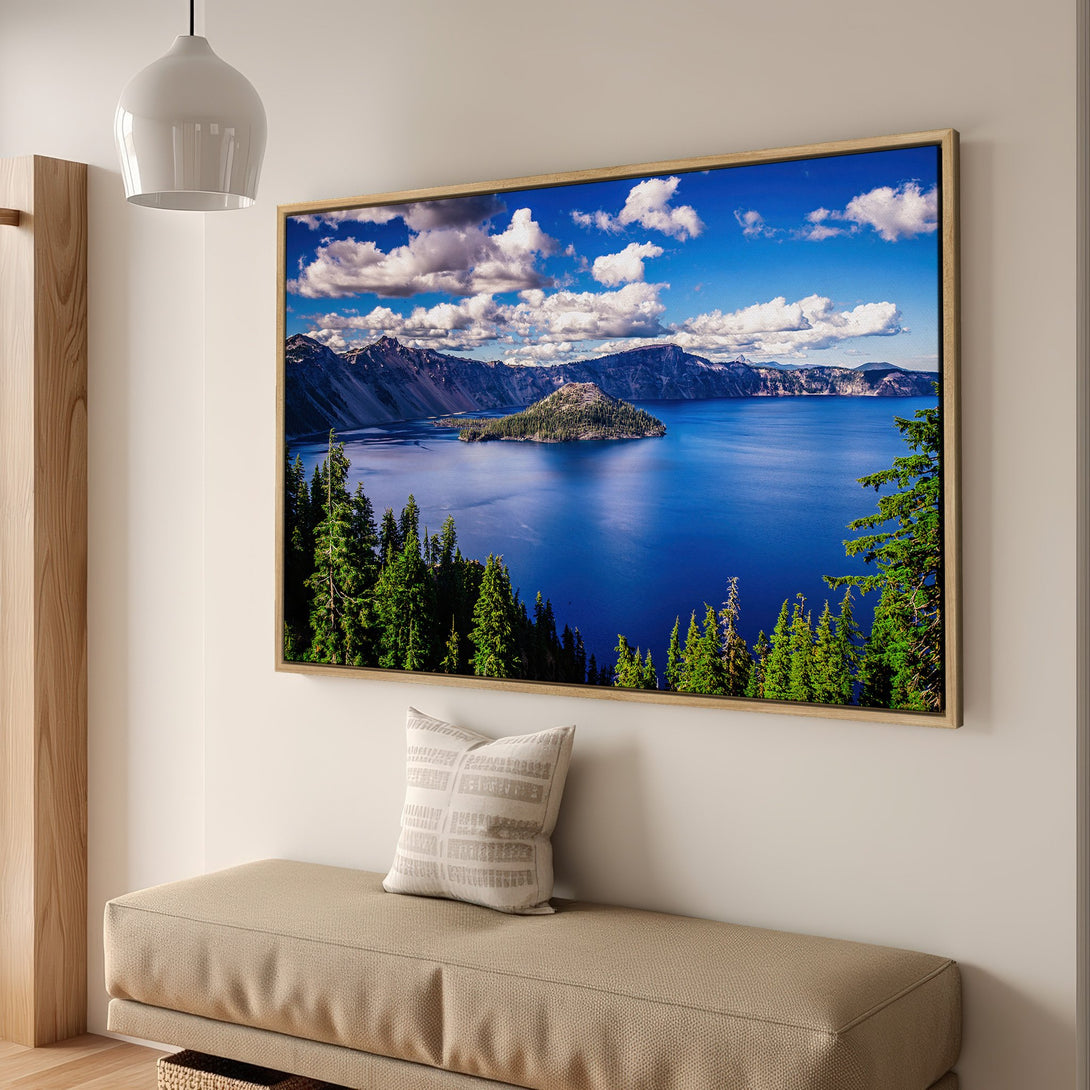 Framed Wall Art of a serene lake landscape with vibrant blues, greens, and white clouds. Perfect for adding a touch of nature to your home.