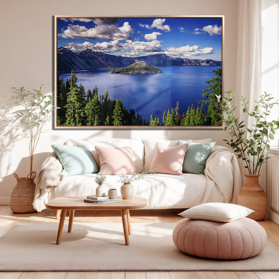 Framed Wall Art of a stunning lake landscape in blue, green, and white tones. Perfect for adding a touch of nature to your living room!