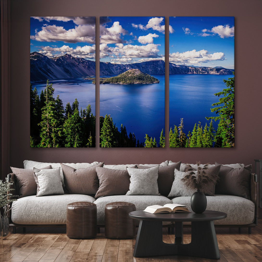 Canvas Print of a stunning lake landscape with blue water, green trees, and white clouds. Adds a vibrant pop of color to any space.