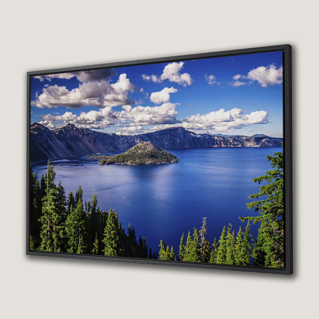 Framed Wall Art: Stunning landscape Canvas Print of Crater Lake. Features vibrant blues, greens, and whites. Bring the beauty of nature to your home!