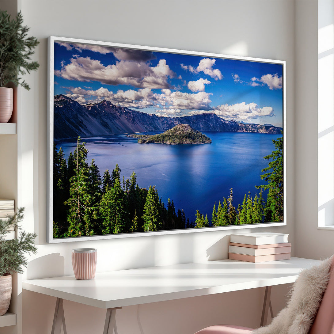 Framed Wall Art: Stunning landscape Canvas Print of a serene lake with mountains, trees, and blue skies. Perfect for adding a touch of nature to your home.