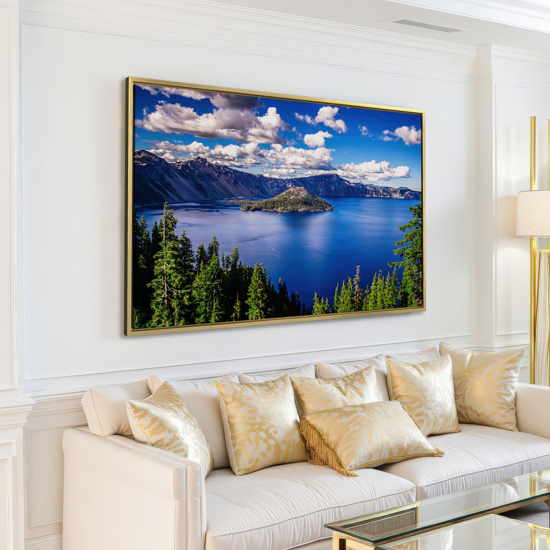 Canvas Print of a serene lake landscape with blue water, green trees, and a blue sky. Modern interior with neutral tones.
