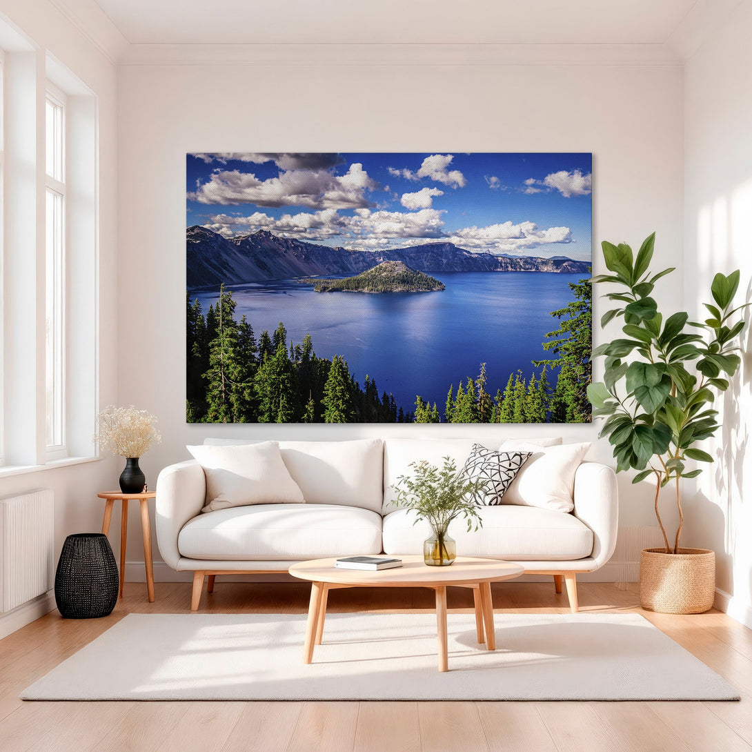 Framed Wall Art: Stunning landscape Canvas Print of a lake and mountains, vibrant blue and green tones, perfect for living room decor.