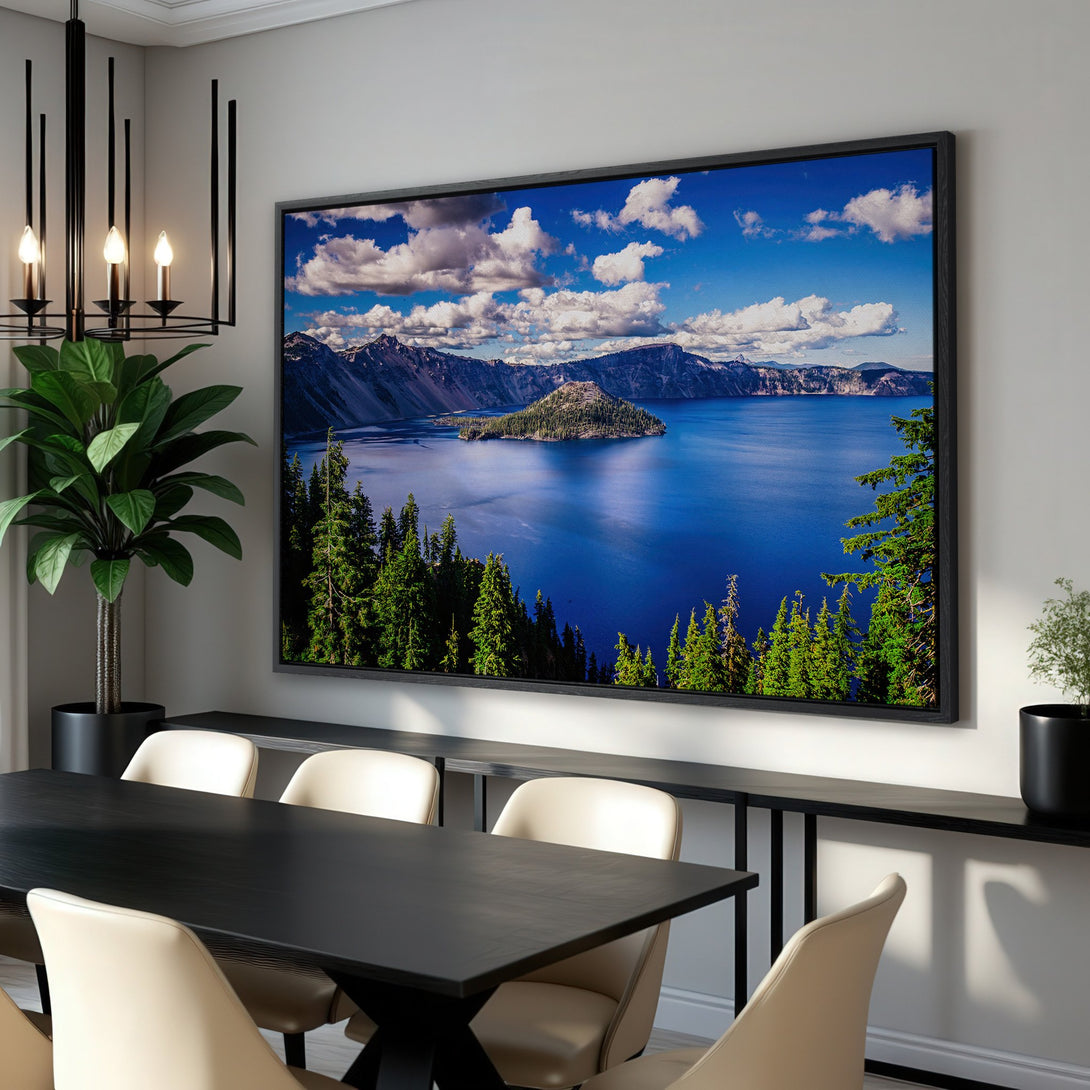 Framed Wall Art of a stunning landscape with blue lake, green trees, and mountains. Perfect for adding a touch of nature to your home decor.