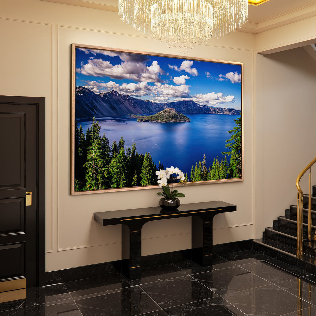 Framed Wall Art: Stunning landscape Canvas Print of a lake and mountains. Blue, green, and white color palette. Perfect for adding natural beauty to your home.