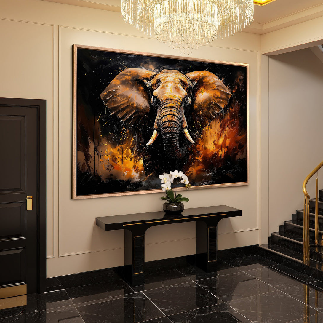 Framed Wall Art: Dramatic elephant portrait in warm orange and black tones. Modern art for luxury home decor. Shop now!
