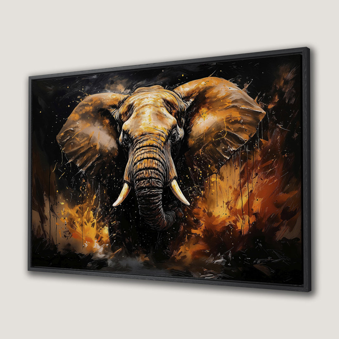 Framed Wall Art: Stunning elephant portrait in warm orange and black abstract style. Add a touch of wildlife art to your home decor!