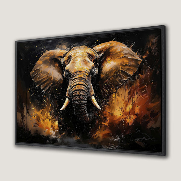 Framed Wall Art: Stunning elephant portrait in warm orange and black abstract style. Add a touch of wildlife art to your home decor!