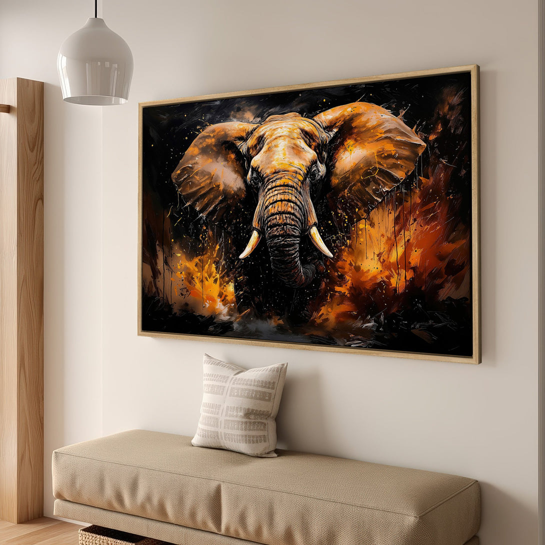 Framed Wall Art: Stunning elephant portrait in warm orange & black tones. Modern art canvas print for your home decor. Shop now!
