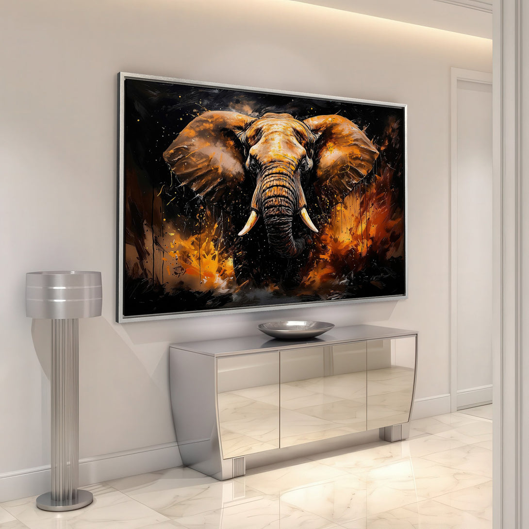 Framed Wall Art: Majestic elephant canvas print in abstract style, featuring warm orange and black tones. Perfect for modern home decor.