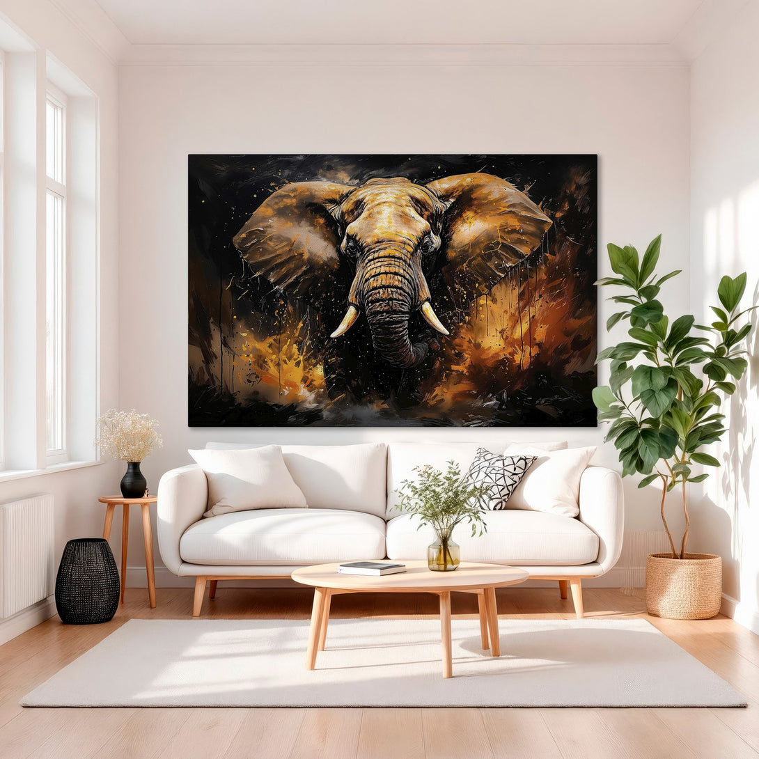 Framed Wall Art: Abstract elephant portrait with warm orange and black tones. Modern canvas print for living room decor.