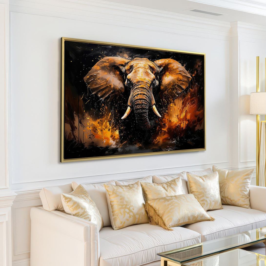 Canvas Print of an elephant in a modern, abstract style. Warm, earthy color palette. Perfect for living room decor.