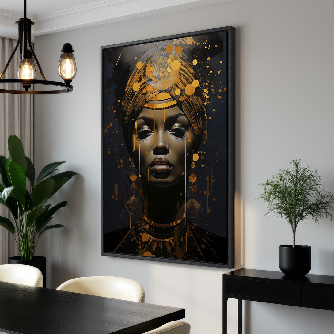 Framed Wall Art: Abstract portrait of a woman with gold accents on a dark background. Modern art with a striking gold and black color palette.