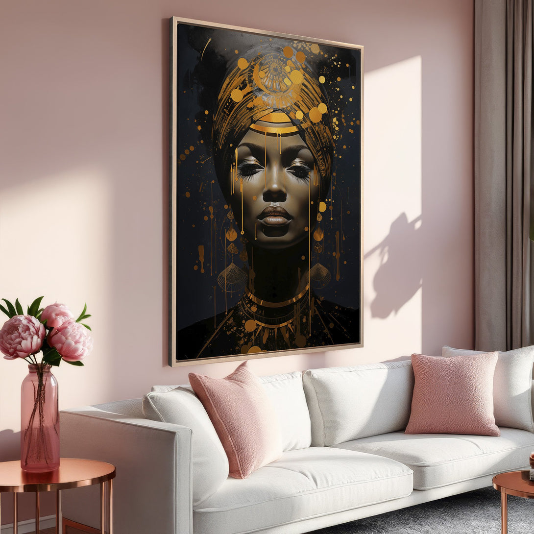 Framed Wall Art: Abstract portrait of a woman in gold and black, displayed in a modern living room with pink and neutral tones.